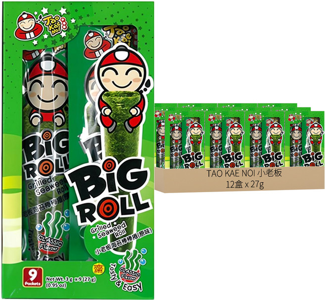 TAO KAE NOI 小老板 CRISPY SEAWEED ORIGINAL 海苔棒棒捲 原味, 27g, 12盒