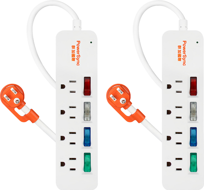 PowerSync 群加 4開彩色開關防雷擊延長線 4孔 TS4C9012, 1.2m, 2條, 白色