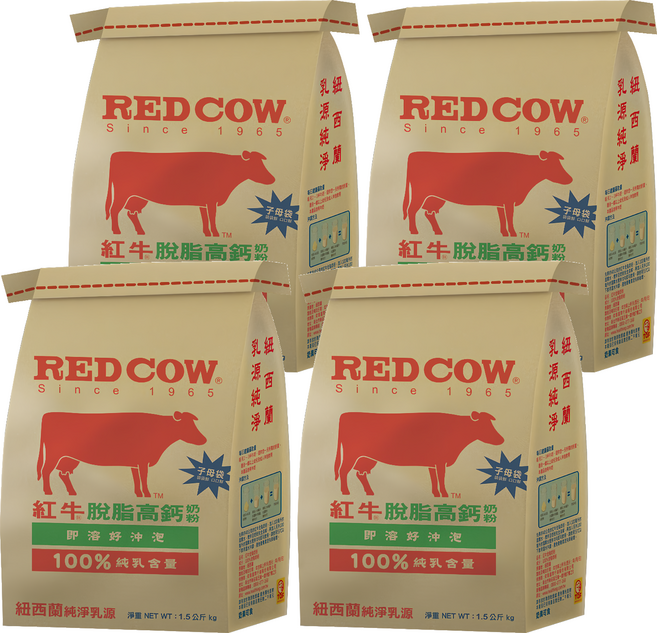 RED COW 紅牛 紐西蘭 脫脂高鈣奶粉, 1.5kg, 4袋