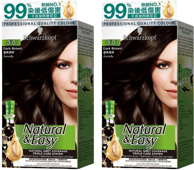 Schwarzkopf 施華蔻 Natural&Easy 怡然植萃 台灣公司貨 染髮霜, 3.0經典黑棕, 2盒