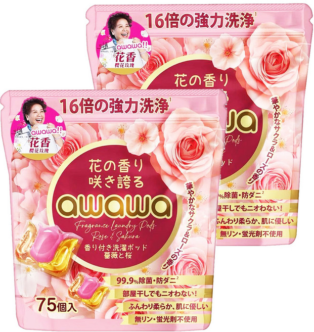 awawa 三合一香薰洗衣球/洗衣膠囊 櫻花玫瑰, 2個, 75個裝