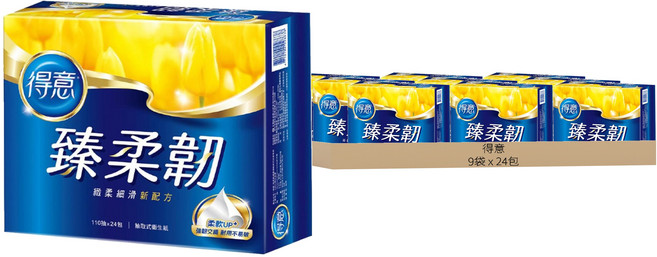 得意 臻柔韌抽取式花紋衛生紙 緻柔細滑新配方 強韌交織 耐用不易破損 五重保證 安心使用, 24包, 9袋