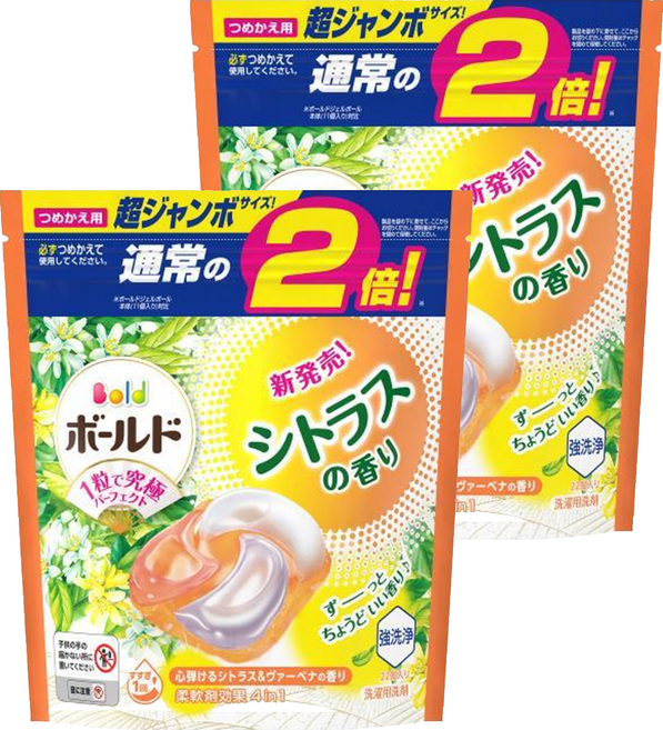 Bold 日本原裝進口 4in1 超強洗淨4D洗衣膠囊補充裝 柑橘馬鞭草, 22顆, 2袋