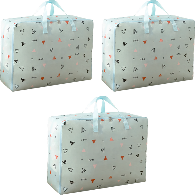 E.dot 防潑水牛津布衣物棉被防塵收納袋 加厚耐用, 藍三角, 3個