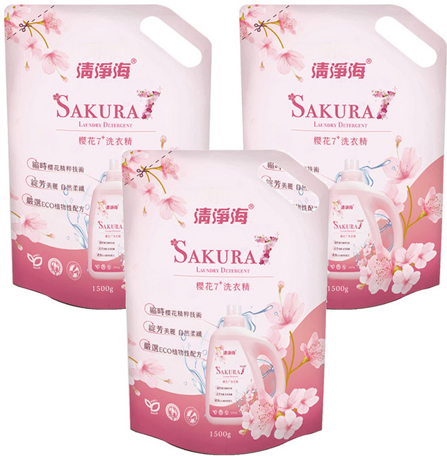 清淨海 櫻花7+系列 洗衣精補充包, 1.5kg, 3包