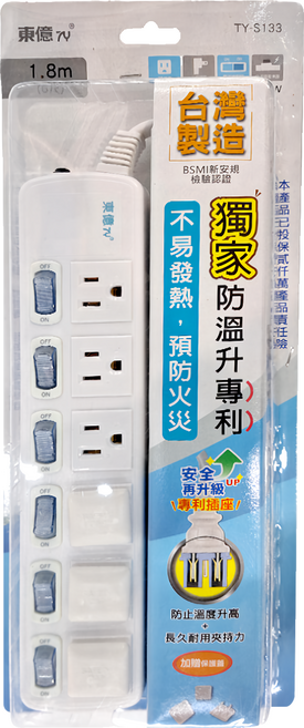 東億 6開6插座延長線 3孔 TY-S133, 1.8m, 白色, 1條