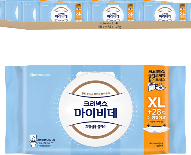 Kleenex Mybidet 潔淨護理加大款濕式衛生紙, 123g, 1入, 9包