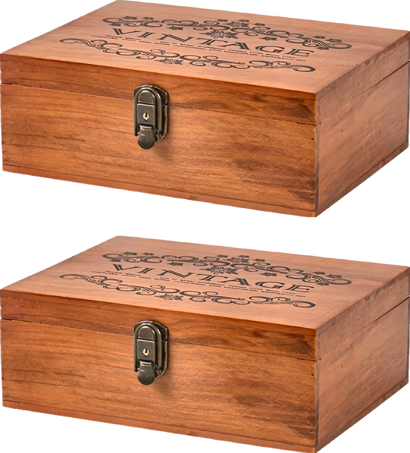 帶鎖收納盒 松木金屬材質 32.4x23.6x11.7cm, 仿舊實木 褐色, 2個