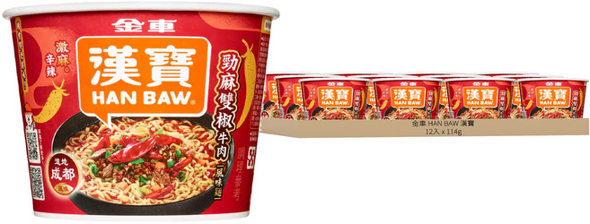 金車 HAN BAW 漢寶 勁麻雙椒牛肉風味麵 114g, 12入