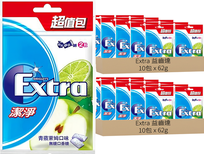 Extra 益齒達 潔淨無糖口香糖 青蘋萊姆口味, 62g, 20包