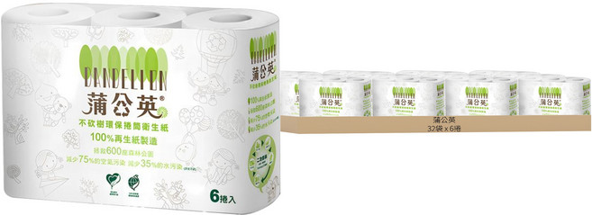 蒲公英 環保捲筒衛生紙 270張, 6捲, 32袋