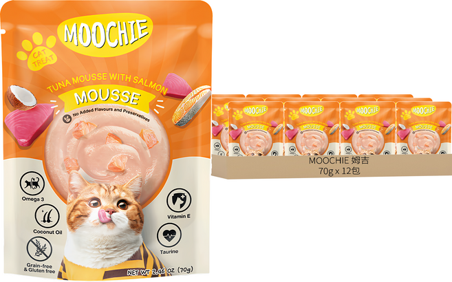 MOOCHIE 姆吉 美膚全年齡貓慕斯系列, 鮪魚鮭魚, 70g, 12包