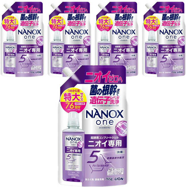 LION 獅王 NANOX one 奈米樂 超濃縮抗菌洗衣精 補充包, 5個, 765g