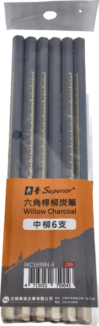 Superior 秀普 富萊卡勒 六角桿柳炭筆 中柳 6支, 黑色, 1組