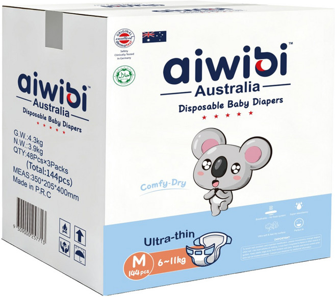 aiwibi 愛薇彼 清新乾爽黏貼型紙尿褲 6~11kg, M, 144片