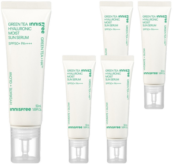 INNISFREE 台灣公司貨 綠茶玻尿酸保濕防曬精華 SPF50+ PA++++, 50ml, 5條