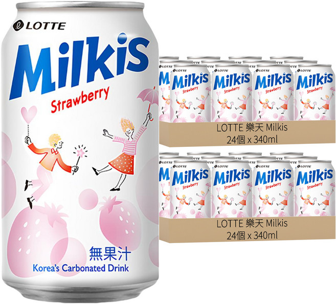 LOTTE 樂天 Milkis 草莓優格風味碳酸飲, 340ml, 48罐