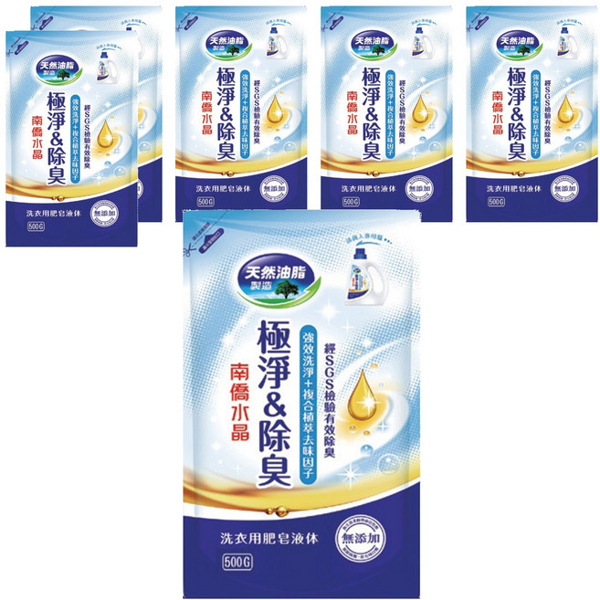 南僑水晶 極淨除臭 洗衣用肥皂液體 補充包, 500g, 6包