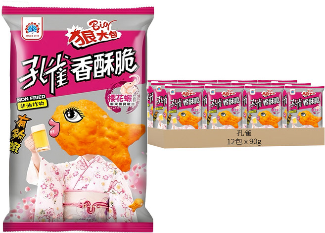 孔雀 香酥脆狠大包 櫻花蝦口味, 90g, 12包