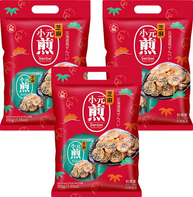九福 芝麻小元煎 200g 香脆芝麻香 薄片 獨立包裝, 3袋