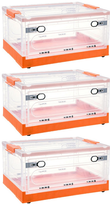 摺疊側開收納箱, 橘色, 3入