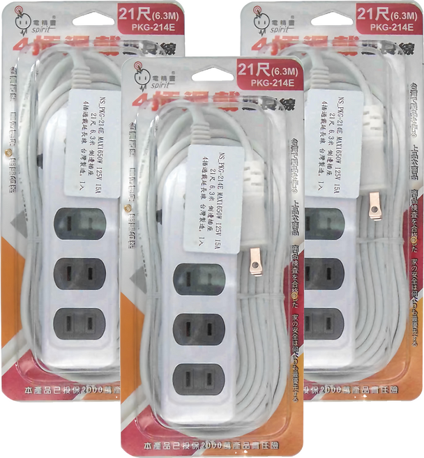 spirit 電精靈 MAX 1650W 125V 15A 側邊插座 過載延長線 4插座, 6.3m, 白色, 3條