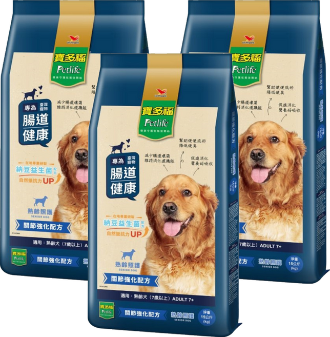 Petlife 寶多福 健康犬餐熟齡配方, 15kg, 3袋, 其他肉類