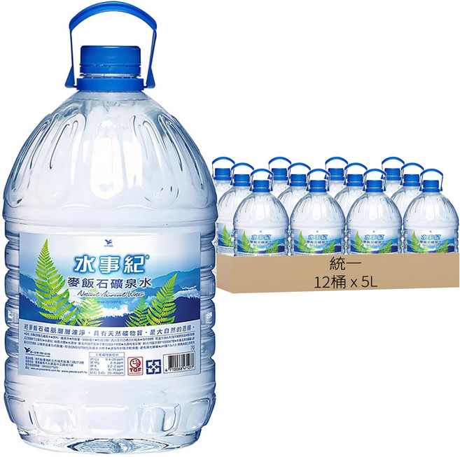 統一 水事紀 麥飯石礦泉水, 5000ml, 12瓶