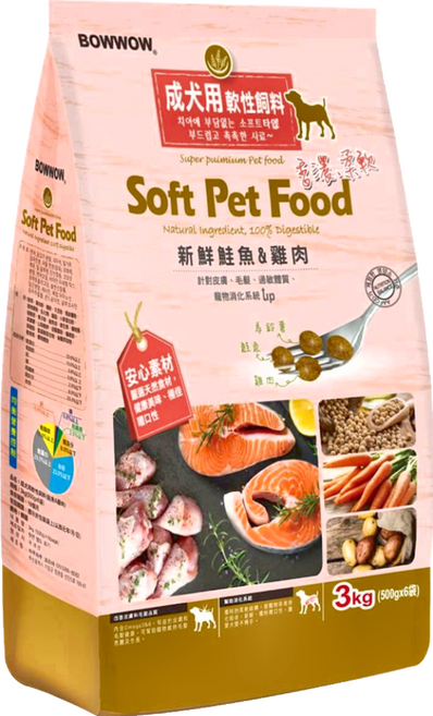 BOWWOW 成犬用軟性飼料, 鮭魚 + 雞肉, 3kg, 1袋