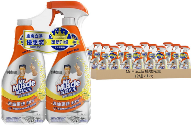 Mr Muscle 威猛先生 廚房超強效+清潔劑套組 噴槍瓶 + 補充瓶, 1kg, 12組
