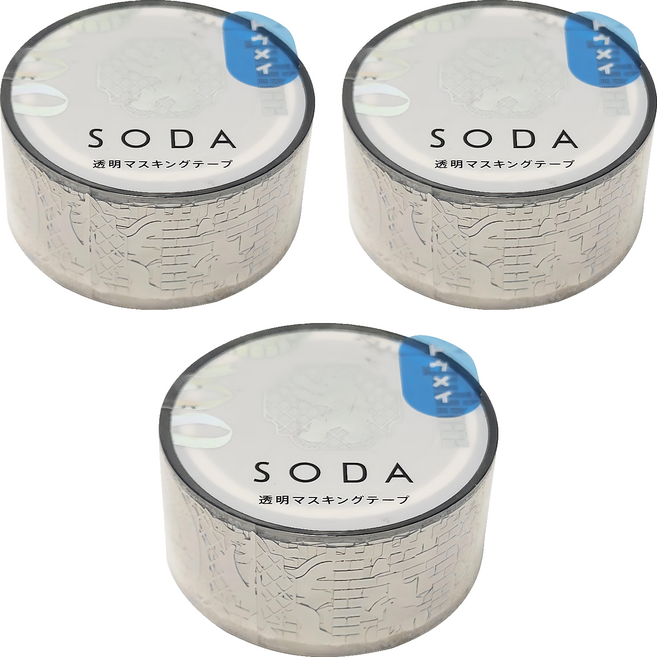 KING JIM HITOTOKI SODA 透明PET卷狀膠帶 箔押款 20mm寬 4M長, 徽章, 3捲