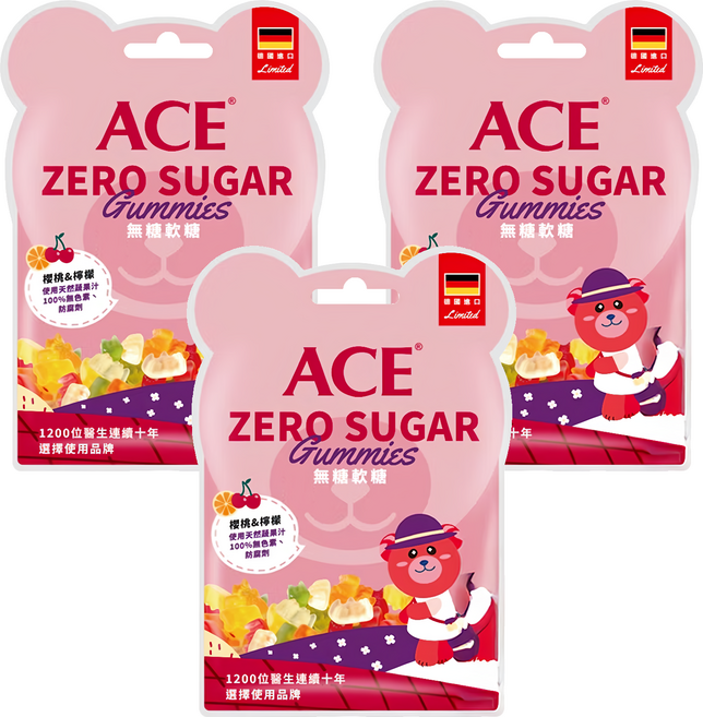 ACE ZERO SUGAR Q 軟糖 櫻桃 + 檸檬, 40g, 3袋