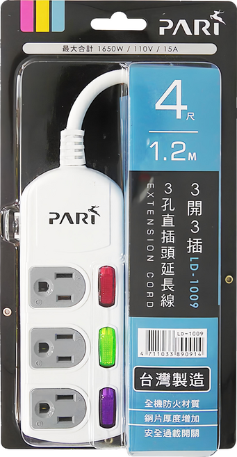 PARI 派睿 直插延長線 3開3插 3孔 LD-1009 獨立開關 具有防雷裝置, 1.2m, 白色, 1條