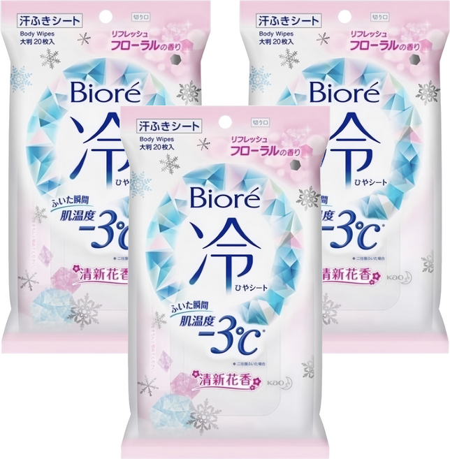 Biore 蜜妮 爽身粉濕巾 涼感3°C 清新鮮花香, 3包, 166ml