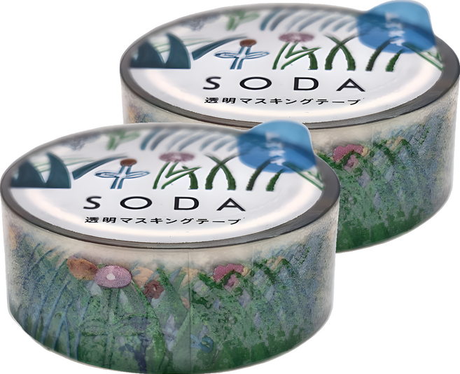 KING JIM HITOTOKI SODA 透明PET卷狀膠帶 15MM 路邊花草, 2捲