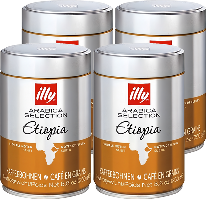 Illy 意利咖啡 衣索比亞 Ethiopia 單品咖啡豆 全豆 無研磨 義大利原裝進口 專利氮氣加壓包裝技術鎖著香氣 100%阿拉比卡咖啡豆, 250g, 4罐