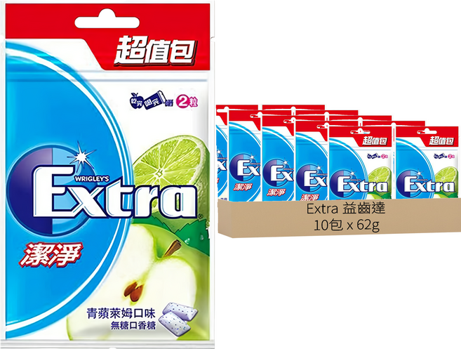 Extra 益齒達 潔淨無糖口香糖 青蘋萊姆口味, 62g, 10包