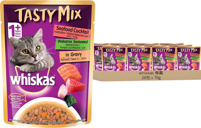 whiskas 偉嘉 什錦珍味系列 貓主食餐包, 海鮮總匯 + 海藻湯汁, 70g, 28包