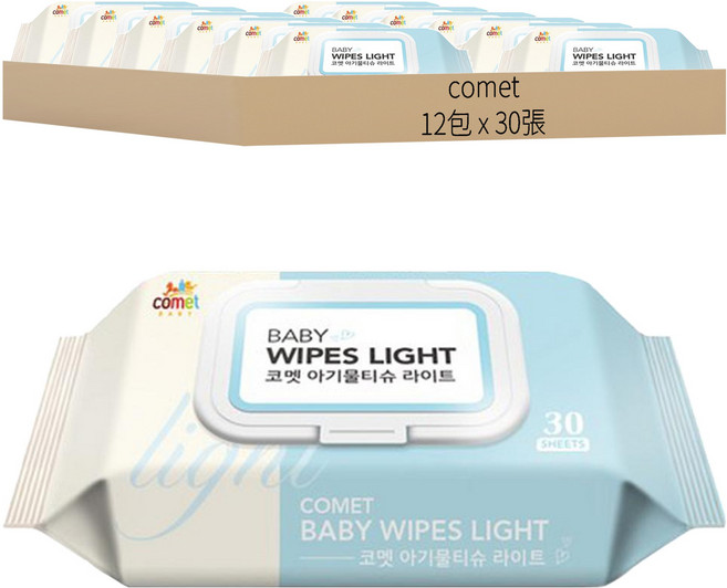 comet Light系列 嬰兒濕紙巾 掀蓋式, 30張, 12包, 71g