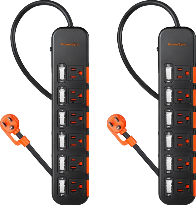 PowerSync 群加 6開6插滑蓋防塵防雷擊延長用電源線組 三孔 TS6DC627, 黑色, 2個, 2.7m
