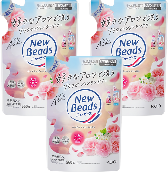Kao 花王 New Beads 植萃香氛洗衣精補充包 玫瑰木蘭花, 560g, 1入, 3包