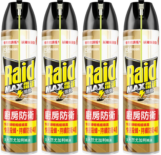 Raid 雷達 快速蟑螂螞蟻藥 尤加利, 500ml, 4罐