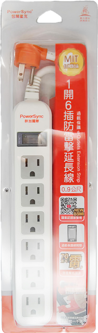 PowerSync 群加 直立式1開6插防雷擊抗搖擺延長線 TS6ZW009, 1條, 白色, 0.9m