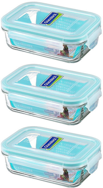 Glasslock 格拉氏洛克 強化玻璃微波保鮮盒 長方形 400ml, 3 個容器 + 3 個蓋子, 3個
