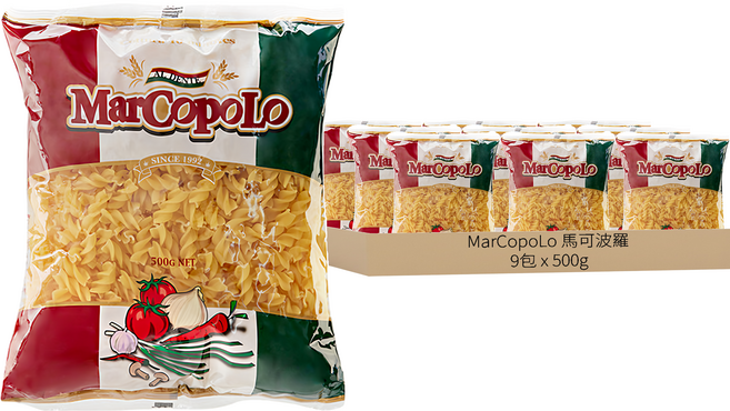 MarCopoLo 馬可波羅 螺絲麵, 500g, 9包