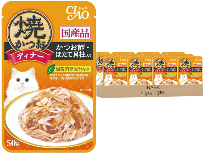 INABA CIAO 啾嚕 燒餐包, 鰹魚 + 柴魚片 + 干貝, 50g, 16包