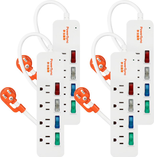 PowerSync 群加 4開彩色開關防雷擊延長線 4孔 TS4C9012, 1.2m, 4條, 白色