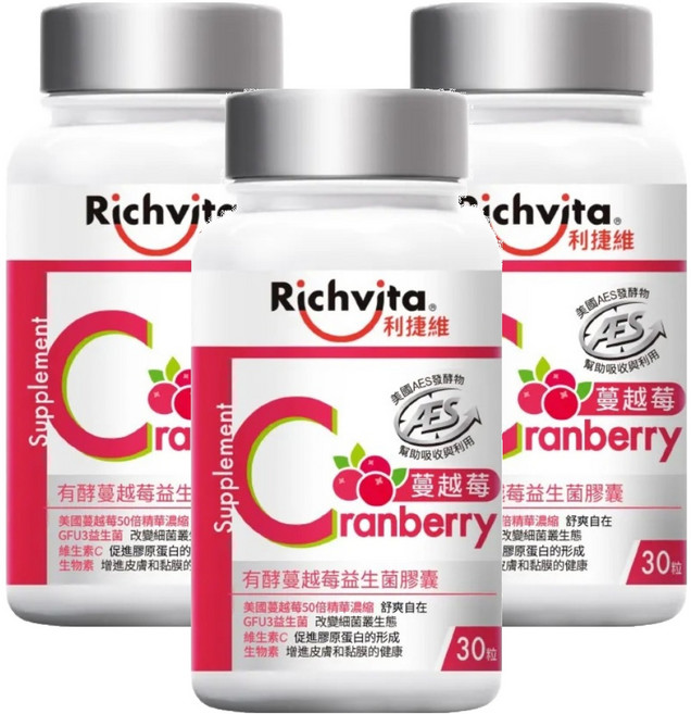 Richvita 利捷維 有酵蔓越莓益生菌膠囊, 30顆, 3罐