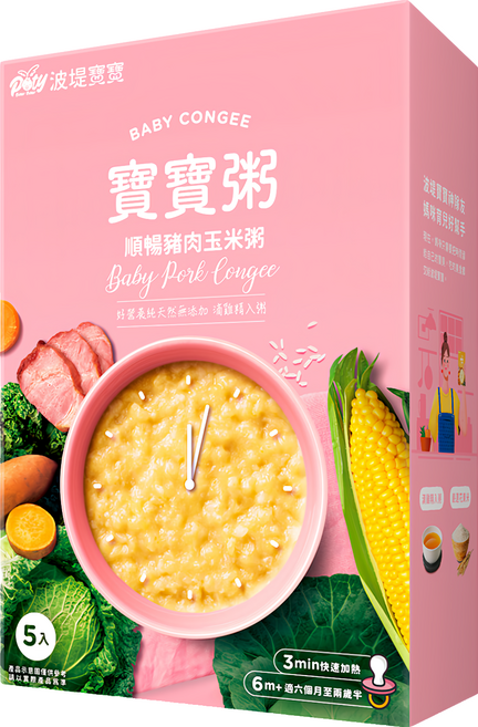 波堤寶寶 寶寶粥 順暢豬肉玉米粥 6個月~2.5歲 5包, 750g, 1盒