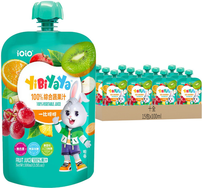 十全 iOiO 食在愛我 YiBiYaYa 100%綜合蔬果汁, 15包, 100ml
